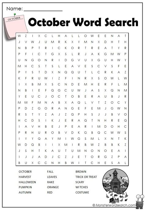 Check out this fun free October Word Search, free for use at home or in school This is a printable October Word Search pdf file, just click on the image to open the pdf, you can save it or print it. Words included in this fun file are: OCTOBER HARVEST HALLOWEEN PUMPKIN AUTUMN FALL LEAVES RAKE ORANGE RED BROWN TRICK OR TREAT SCARY WITCHES COSTUME October Word Search, Fall Word Search, Free Printable Word Searches, Halloween Word Search, Nursing Home Activities, Preschool Crafts Fall, October Activities, Fall Words, Fall Arts And Crafts