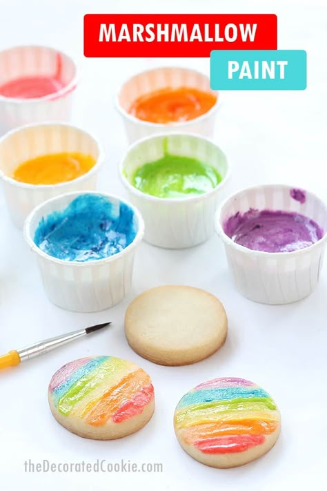 Edible marshmallow paint for kids! Colorful alternative to icing to decorate cookies. Cooking With Kids In The Classroom, Chef Crafts Preschool, Rainbow Painting For Kids, No Bake Recipes For Kids, Marshmallow Paint, Baking With Children, Kid Friendly Cookies, Art Snacks, Cooking Illustration