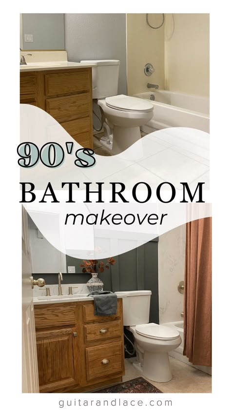 small bathroom makeover, moody green paint for bathroom, update 90s oak cabinets without paint 90s Oak Cabinets, 90s Bathroom Makeover, Oak Vanity Bathroom, 90s Bathroom, Oak Bathroom Cabinets, Grout Paint, Honey Oak Cabinets, Floor Grout, Oak Bathroom Vanity