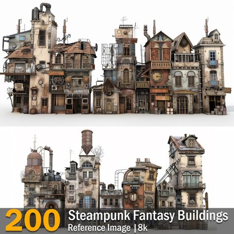 Steampunk Fantasy Buildings  | Reference Images | 8K ,  on ArtStation at https://www.artstation.com/artwork/3950nD Fantasy Steampunk Art, Steam Punk Buildings, Steampunk House Exterior, Steampunk Building Concept Art, Steampunk Tower, Steampunk Castle, Halloween Staircase, Steampunk Isometric, Magnolia Promenade