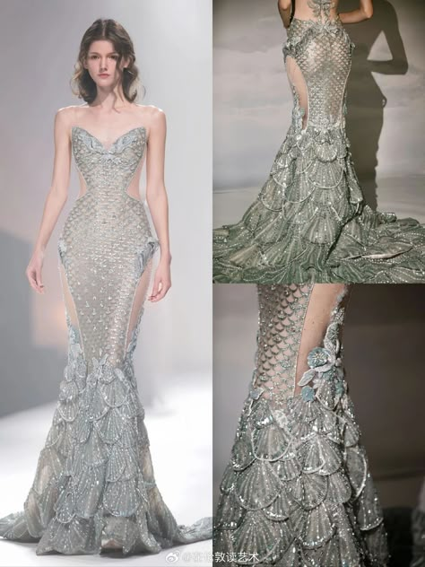 District 4 Dress, Siren Inspired Dress, Mermaid Aesthetic Dress, Mermaid Dress Aesthetic, Met Gala Dresses Gowns, Siren Aesthetic Outfit, Mermaid Inspired Dress, Mermaid Tail Dress, Dress High Fashion