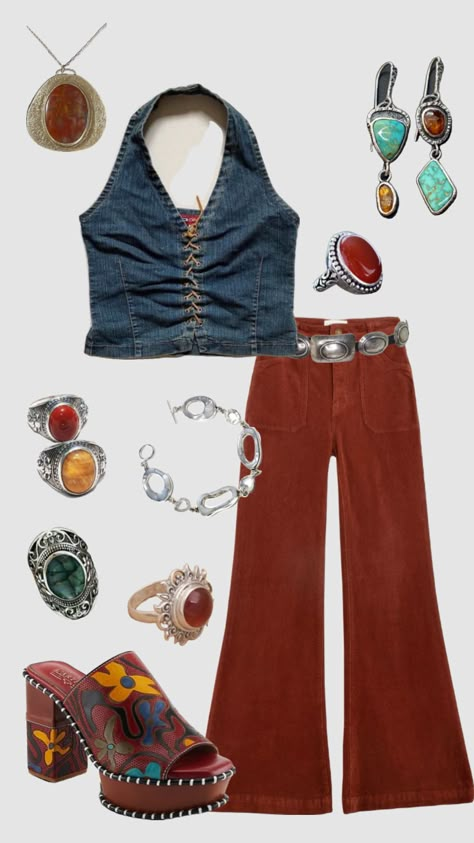 70s inspired outfit #outfitinspo #vintage #70s #70sfashion Bohemian 70s Fashion, Glam 70s Fashion, Thee Sacred Souls Concert Outfit, 70s Bell Bottoms Outfits, 80 Fashion Outfits 80s Style, 70s Inspired Fashion Outfits, Cute 70s Outfits, Casual 70s Outfits, 70s Witch