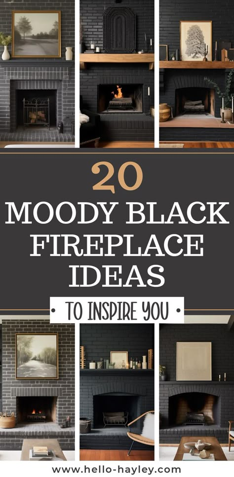 20 Moody Black Fireplace Ideas To Inspire You Black Fireplace Brown Mantel, Black Fireplace With Gold Accents, Black Gold Fireplace, Fireplaces With Tile And Wood Mantle, Red Fireplace Makeover, Dark Wood Fireplace Decor, Modern Black Brick Fireplace, Decorating A Black Fireplace, Black Painted Mantel Fireplaces