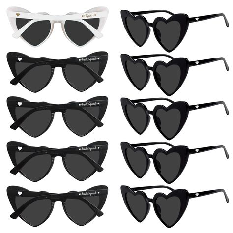 PRICES MAY VARY. 【Bachelorette Sunglasses】：Bride sunglasses for bachelorette party contain a total of 1 pair of Bride sunglasses and 9 pairs of Bride Squad sunglasses. Ideal for bachelorette parties, engagement celebrations, and wedding receptions. Sunglasses for wedding party designed in lovely hearts, cute and classic; Bright color for decoration, look romantic enough to attract, achieved an ideal decorative effect. 【Bachelorette Party Favors】：Featuring charming "love heart"and "Bride Squad" l Black And White Bachelorette Party, Sunglasses For Wedding, Sunglasses Bride, Bridal Sunglasses, Bride Sunglasses, Wedding Bridesmaid Gifts, Boho Bachelorette, Bachelorette Sunglasses, White Bachelorette