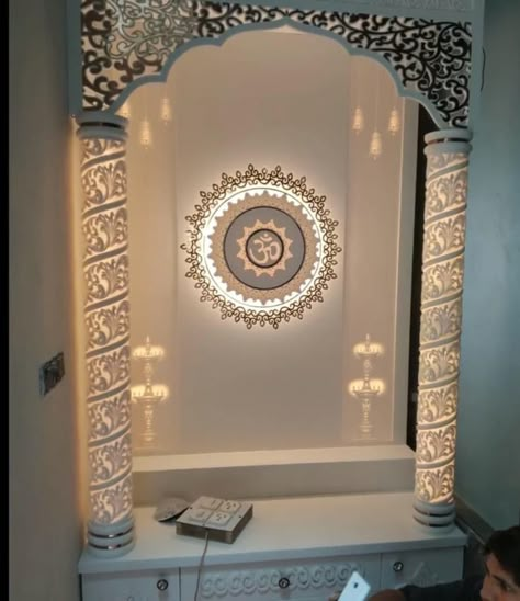 Pujaghar Design, Ots Wall Design In House, Granite Pooja Mandir, Mandir Designs For Home, Puja Unit, Pooja Room Designs, Pooja Room Ideas, Temple Room, Puja Ghar