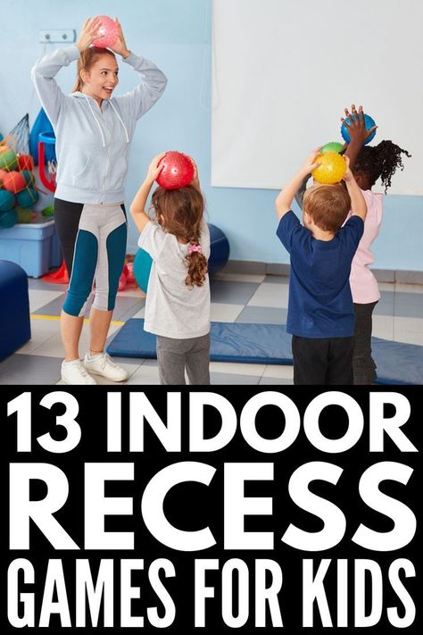 13 Indoor Recess Games | If you’re the teacher of kids in preschool, kindergarten, elementary, or middle school and you’re looking for ideas for large groups to keep your students entertained on snowy or rainy days, we’ve got you covered! We’ve included a mix of physical education and gross motor activities, learning station and team building ideas, and other classroom games to play that are sure to keep your students engaged and help them blow off steam. #indoorrecess #brainbreaks Indoor Recess Games, Indoor Recess Activities, Fun Classroom Games, Recess Activities, Recess Games, Games For Kids Classroom, Group Games For Kids, Indoor Recess, Physical Activities For Kids