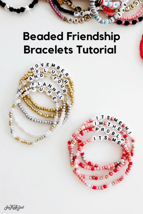 beaded friendship bracelets DIY - see kate sew April Core, Friendship Bracelets Tutorials, Diy Friendship Bracelets Easy, Woven Friendship Bracelets, Letter Bead Bracelet, Easy Bracelets, Beaded Friendship Bracelets, Swift Bracelet, Taylor Eras Tour