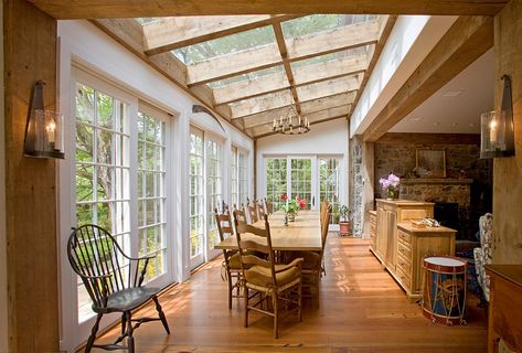 Sunroom Dining Room Ideas, Conversation Corner, Sunroom Dining Room, Sunroom Dining, Skylight Design, Farmhouse Dining Room Table, Comfy Seating, Farmhouse Traditional, Traditional Dining Room