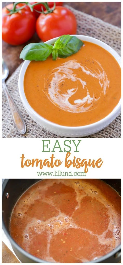 Thick, creamy, and delicious Tomato Bisque is a family favorite! This recipe is also beyond simple which makes it even more appealing. #tomatobisque #tomato #bisque #soup Easy Tomato Bisque, Broccoli Soup Vegan, Instant Pot Bean Soup, Slow Cooker Seafood, Healthy Delicious Soups, Tomato Bisque Recipe, Cheddar Broccoli Soup, Potato Cheese Soup, Tomato Basil Bisque