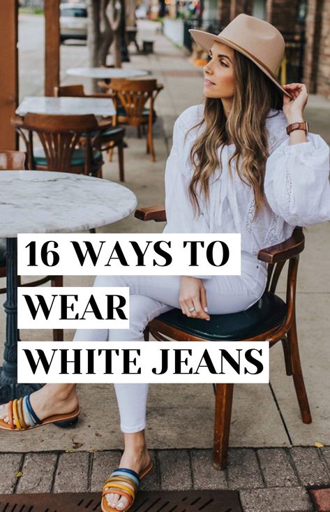 White Denim Summer Outfit, Classy White Jeans Outfit, White Jeans With White Top, How To Style A White Jeans, How To Pair White Jeans, White Distressed Jeans Outfit, White Jeans Outfits Summer, Spring Outfits With White Jeans, Tops For White Jeans