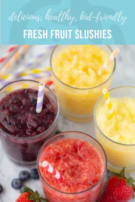 Real Fruit Slushies - Super Healthy Kids Real Fruit Slushie, Slushy Recipes For Kids, Healthy Slushy Recipes, Frozen Fruit Slush Recipes, Fruit Slushies Recipes, Healthy Slushie Recipe, Slushie Recipe For Kids, Healthy Slushies, Fruit Drinks Healthy