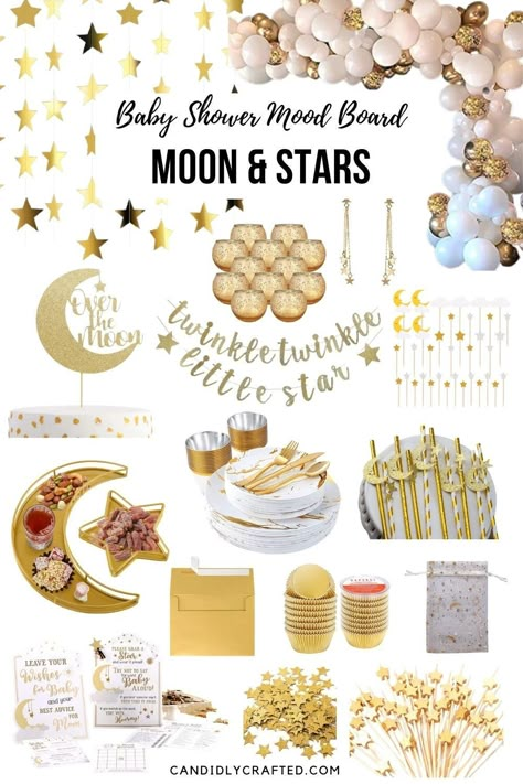 Ethereal Baby Shower Ideas, Sun And Moon Baby Shower Theme, Star And Moon Baby Shower Ideas, Over The Moon Baby Shower Ideas Girl, Stars And Moon Baby Shower Ideas, Baby Shower Mood Board, Stars Baby Shower Theme, Shower Mood Board, Over The Moon Baby Shower Ideas