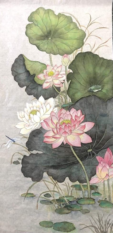 Japanese Lotus Drawing, Asian Flower Painting, Chinese Lotus Drawing, Japanese Lotus Painting, Lotus Aesthetic Art, Lotus Phone Wallpaper, Ancient Chinese Art Painting, Lotus Chinese Painting, Flower Drawing Japanese