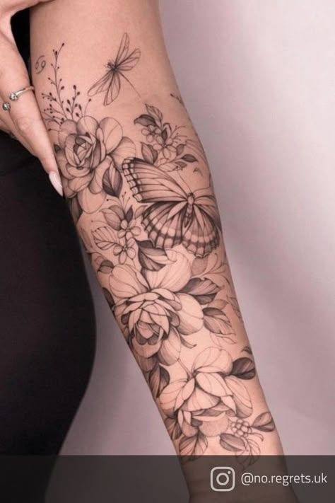 Regrets Tattoo, Butterfly Sleeve Tattoo, Natur Tattoo Arm, Feminine Shoulder Tattoos, Butterflies Tattoo, Arm Sleeve Tattoos For Women, Animal Sleeve Tattoo, Nature Tattoo Sleeve, Tattoos To Cover Scars