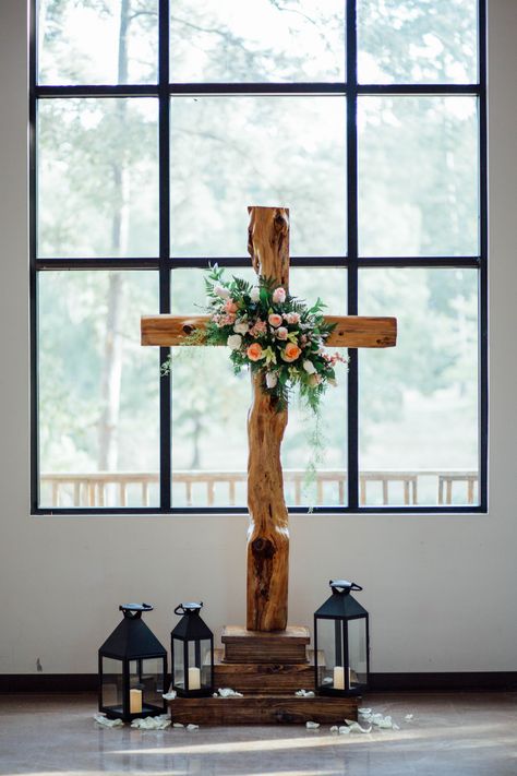 cross wedding altar with candles rose petals & lanterns Rose Petal Candle, Cross With Flowers, Altar Candles, Cross Wedding, Wedding Altar, Church Easter Decorations, Candle Altar, Wedding Cross, Wedding Altars