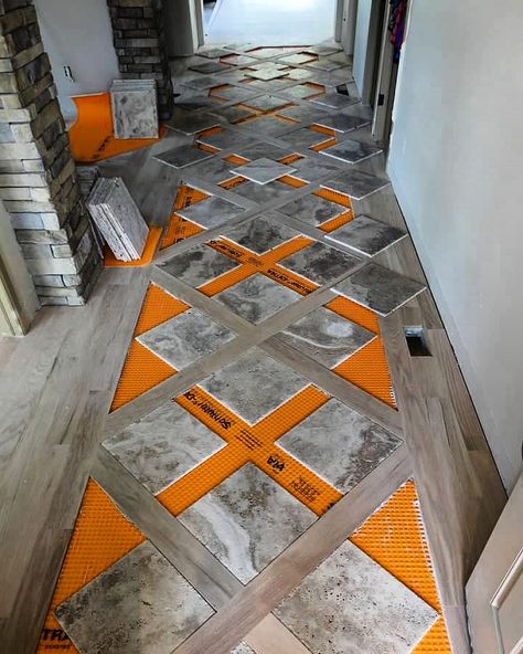 Wood Floor With A Tile Inlay Tile Area Rug Inlay, Entryway Tile Floor, Floor Inlay, Tile Inlay, Foyer Flooring, Entryway Flooring, Creative Flooring, Wood Art Diy, Farmhouse Flooring