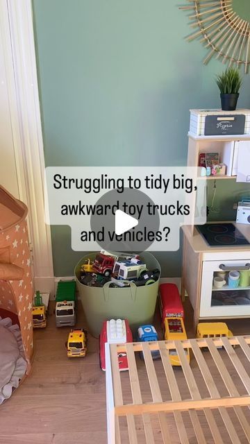 Toy Train Storage Ideas, Dinky Car Storage Ideas, Play Food Organization Toy Storage, Toy Truck Storage Ideas Playroom, Practical Toy Storage, Toy Room Ideas Playroom Organization, Truck Storage Ideas Toy, Storage Toys Ideas, Toy Truck Organization Ideas