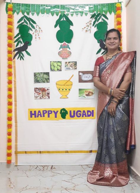 Simple diy ugadi decor ideas Ugadi Board Decoration For School, Ugadi Chart For School, Ugadi Decorations At School, Ugadi Decorations Ideas, Ugadi Decorations At Home, Ugadi Decoration, 2025 Art, Soft Board Decoration, School Board Decoration