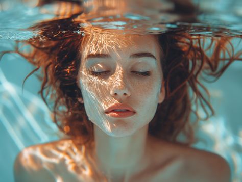 Serenity Beneath the Surface: A Tranquil Underwater Portrait Ocean Scenes Photography, Face Submerged In Water, Curly Hair Underwater, Person Underwater Reference, Underwater Person, Pose In Water, Person In Water, Person Underwater, Women In Water