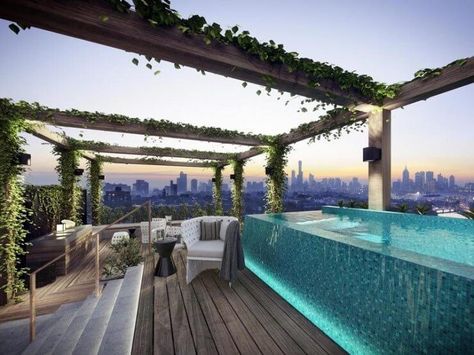 swimming pool on rooftop Roof Pool, Rooftop Ideas, Roof Terrace Design, Amazing Apartments, Terrasse Design, Balcony Pool, Rooftop Design, Rooftop Terrace Design, Glass Pool