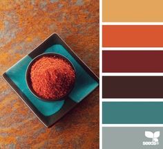 Interior color scheme. I have the orange-ish (terra cotta) color for the walls and am looking for turquoise colors to balance it. Brown Color Scheme, Thanksgiving Color, Interior Color Schemes, Palette Design, Kitchen Colour Schemes, Mediterranean Decor, Design Seeds, Room Paint, Kitchen Colors