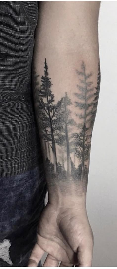 Tree Line Tattoo, Forest Tattoo Sleeve, Tattoos Arm Mann, Natur Tattoo Arm, Guys Quotes, Tree Sleeve Tattoo, Tree Sleeve, Tree Tattoo Men, Forest Tattoo