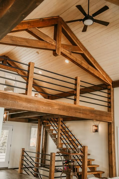 Loft Railing, Timber Frame Cabin, Barn Loft, Cabin Loft, Timber Frame Home, Loft Ideas, Country Cabin, Home Cottage, Log House