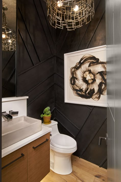 5280’s 2019 Top Denver Design Whole Home Winner Dark Modern Powder Room, Black And Wood Master Bath, Half Bath Moody, Accent Wall In Powder Room, Guest Bathroom Ideas Modern, Powder Room Ideas Wallpaper, Black Powder Room Ideas, Powder Room Ideas Modern, Powder Room Accent Wall