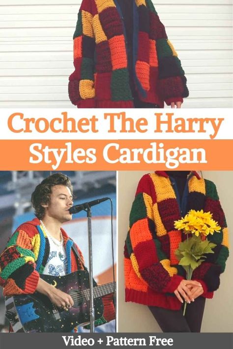 Crochet Patched Cardigan, Harry Styles Sweater Crochet Pattern, Harry Styles Patchwork Cardigan Crochet Pattern, Crochet Cardigan Panels, Patch Sweater Crochet, Harry Styles Crochet Cardigan Pattern, Patch Crochet Cardigan, Harry Styles Crochet Pattern, How To Knit A Cardigan