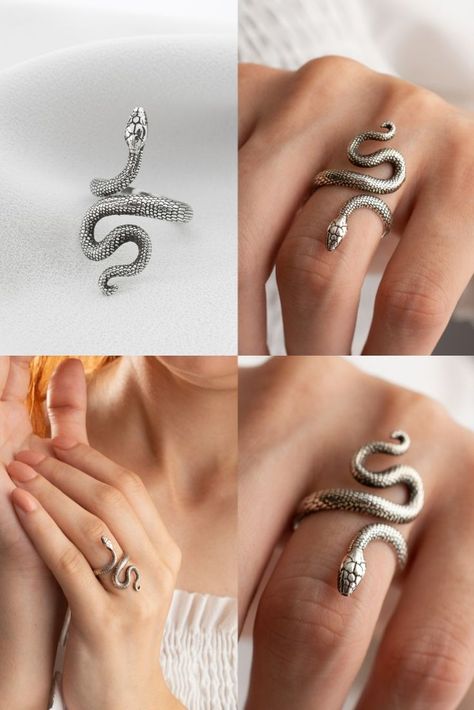 Handmade item
Ships from a small business in Wisconsin
Materials: Gold, Rose gold, Silver
Adjustable, 
Style: Minimalist Snake Women, Silver Snake Ring, Serpent Ring, Edgy Jewelry, Snake Ring Silver, Gold Bridal Jewellery Sets, Art Jewelry Contemporary, Jewelry Accessories Ideas, Snake Ring