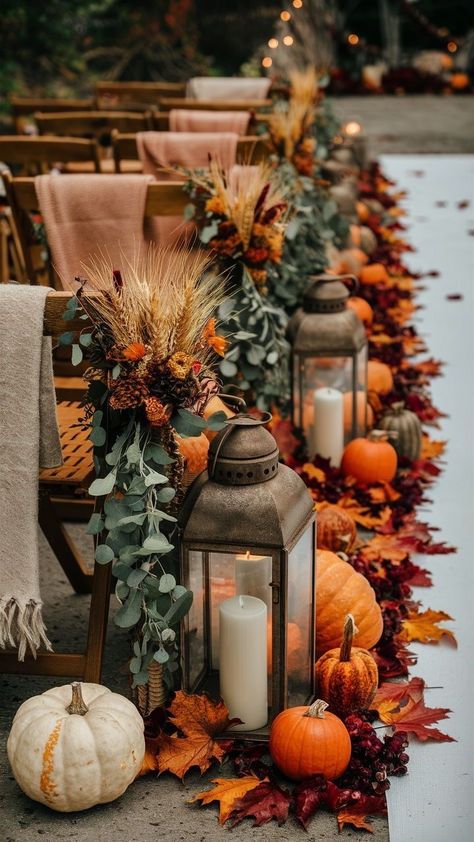 Fall Wedding Themes Ideas, Magical Fall Wedding, Fall Renewal Wedding Ideas, Halloween Wedding Aisle Decor, Pumpkins In Wedding Decor, November Backyard Wedding Ideas, Magic Theme Wedding, Enchanting Wedding Decor, Fall Wedding Set Up