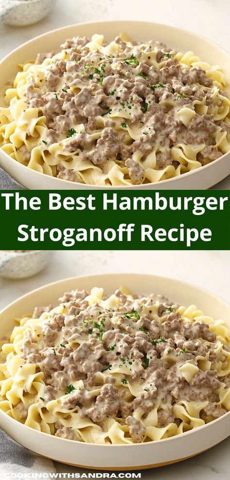 This comforting Hamburger Stroganoff features tender beef, earthy mushrooms, and a creamy sauce, all served over egg noodles. It’s a quick, satisfying meal perfect for busy weeknights. Hamburger Meat Stroganoff Recipes, Mock Hamburger Helper, Hamburger Meat Stroganoff, Hamburger Beef And Noodles, Egg Noodle Beef Stroganoff, Beef Stroganoff Recipe Ground Beef, Slow Cooker Hamburger Stroganoff, Homemade Hamburger Stroganoff, Ground Beef Stroganoff With Cream Cheese