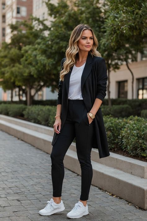 Find sporty black leggings outfits that keep up with your active lifestyle. From gym-ready looks to casual sporty vibes, these ideas make movement stylish. #SportyFashion #ActiveWear #BlackLeggings Athleisure Outfits For The Office, Gym To Street Style, Sporty Black Outfits, Athleisure For Work Outfits, Sporty Office Outfit Summer, Classy Active Wear Outfit, Business Casual Athletic Wear, Sporty Dressy Outfits For Women, Sporty Corporate Outfit