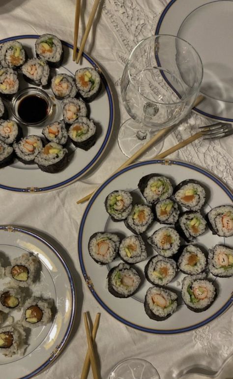 Let the good times roll At Home Sushi Night, Homemade Sushi Aesthetic, Home Made Sushi Ideas, Sushi Dinner Aesthetic, Sushi Night Aesthetic, Sushi Night At Home, Home Made Sushi, Sushi Homemade, Homemade Sushi Rolls