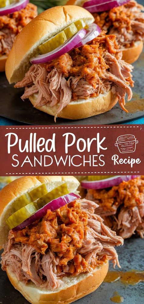 Sink your teeth into these tender Pulled Pork Sandwiches. Slow-cooked to perfection, piled high with juicy pulled pork, and topped with your favorite BBQ sauce—it's the ultimate comfort food. Shredded Pork Roast Sandwiches, Leftover Pulled Pork Sandwiches, Hot Pork Sandwiches, Smoked Pulled Pork Sandwiches, Bbq Pork Roast, Crock Pot Sandwiches, Tangy Slaw, Pork Sandwich Recipes, Xmas Brunch