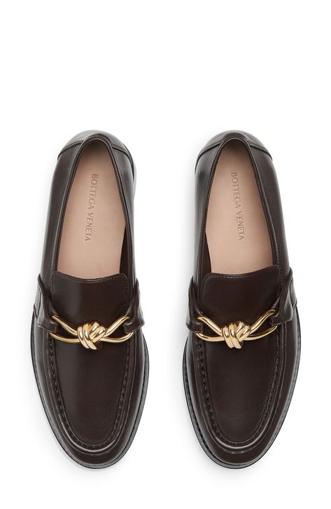 The label's signature knot hardware serves as the shining bit on an elevated loafer crafted from supple napa leather with a raised apron toe. Leather upper, lining and sole Made in Italy Designer Shoes Vivienne Westwood Loafers, Bottega Veneta Shoes Men, Work Shoes Winter, Loafers Aesthetic, Bottega Veneta Fashion, Male Gifts, Mens Loafer, Designer Loafers, Women Loafers