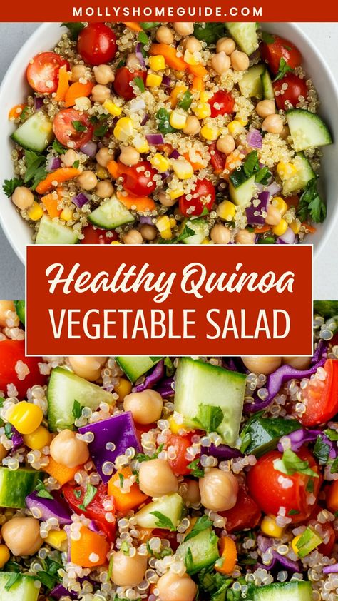 Looking for a nutritious and delicious meal idea? Try this flavorful quinoa vegetable salad recipe! Packed with protein, vitamins, and fiber, this salad is perfect for a healthy lunch or dinner. The combination of quinoa and fresh vegetables creates a satisfying dish that will keep you full and energized. Whether you're vegan, vegetarian, or just looking to eat more plant-based meals, this quinoa vegetable salad is a fantastic option. Chickpeas Quinoa Salad, Vegetable Quinoa Bowl, Garbanzo Quinoa Salad, Raw Quinoa Recipes, Quinoa Chickpea Salad Recipes, Meatless Salads Protein, Quinoa Recipes Lunch Meal Prep, Cold Quinoa Bowl, Quinoa Lunch Ideas