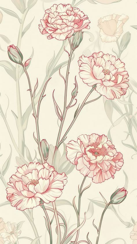 Art Nouveau Carnation, Carnation Flower Design, Carnation Flower Art, Carnation Wallpaper Aesthetic, Carnations Illustration, Prints And Patterns Aesthetic, Flower Illustration Aesthetic, Carnations Drawing, Carnation Flower Wallpaper