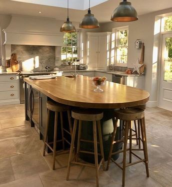 Extending Kitchen Island With Seating, Kitchen Island Rounded With Seating, Kitchen Island Seating On Two Sides, Oval Kitchen Island With Seating, Rounded Kitchen Island With Seating, Kitchen Island With Round Table At End, Kitchen Island With Seating At End, Extend Kitchen Island, Odd Shaped Kitchen Island