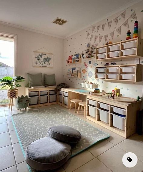 Ikea Kids Room, Kids Rooms Inspo, Cave Basement, Living Room Playroom, Basement Playroom, Boys Playroom, Toddler Playroom, Kids Playroom Decor, Storage Kids Room