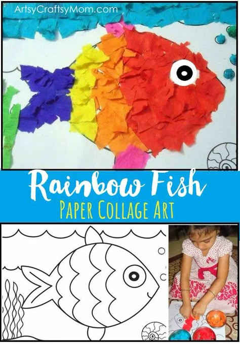 Rainbow Fish Crepe Paper Collage Art via @artsycraftsymom Collage Art For Kindergarten, Collage Art For Preschoolers, Kindergarten Collage Art, Rainbow Collage Preschool, Kolaj Art Ideas For Kids, Kids Collage Art, Crepe Paper Crafts For Kids, Kolaj Art Ideas, Paper Collage Art For Kids