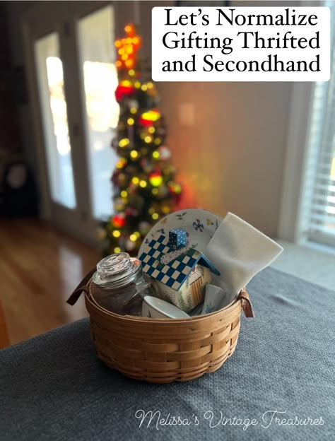 Normalize Gifting Thrifted Items Thrift Store Gift Basket, Second Hand Christmas Gifts, Vintage Gift Basket Ideas, Thrifted Christmas Gift Basket, Thrifted And Gifted, Second Hand Gift Ideas, Thrift Gift Basket, Thrifted Gifts Ideas Christmas, Thrifted Gifts Ideas