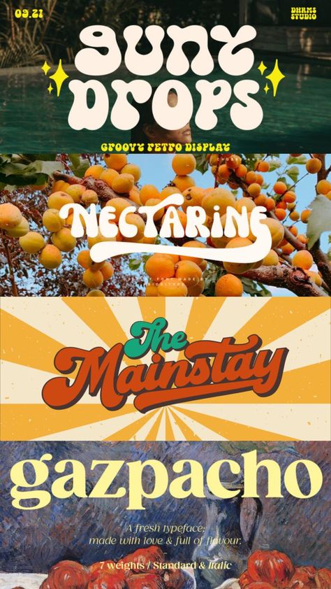 Fonts
Suny Drops
Nectarine
The Mainstay
Gazpacho Mises En Page Design Graphique, Alphabet Logo, Logo Generator, Keyword Elements Canva, Vintage Logos, Desain Buklet, Graphic Design Infographic, Vintage Text, Text Graphic