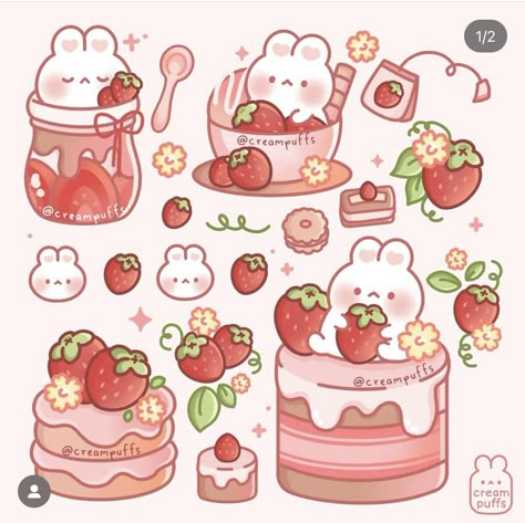 Strawberry Kawaii Drawing, Kawaii Macarons Drawing, Kawaii Sweets Drawing, Cute Strawberry Doodle, Strawberry Drawing Cute, Anime Food Drawings, Food Kawaii Illustration, Cute Strawberry Drawing, Cute Strawberry Sticker