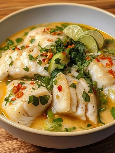 Coconut Lime Fish Soup Recipe - Sanepe Recipes Coconut Fish, Fish Fillets, Fish Soup, Fish Recipes Healthy, Fish Dinner, White Fish, Coconut Lime, Fish Dishes, Sea Food