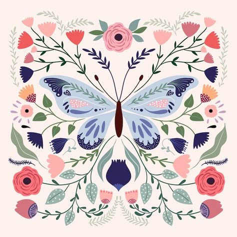 Spring summer butterfly composition, pos... | Premium Vector #Freepik #vector #textile-design #textile-pattern #fabric-design #seamless-floral Butterfly Composition, Card With Flowers, Flowers In Bloom, Pink Nursery Decor, Butterfly Illustration, Design Basics, Textile Pattern Design