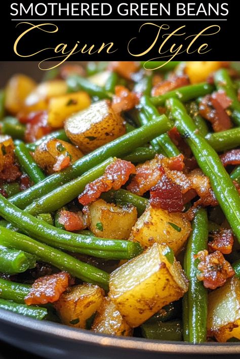 Easy Dinner Recipes: Smothered Green Beans-Cajun Style Fresh Southern Green Bean Recipes, Southern Smothered Green Beans, Southern String Beans Recipe, Green Beans With Chicken Broth, Best Green Bean Recipe Ever, Cajun Sides Dishes, Cajun Vegetables Side Dishes, Cajun Green Beans, Southern Green Beans Recipe