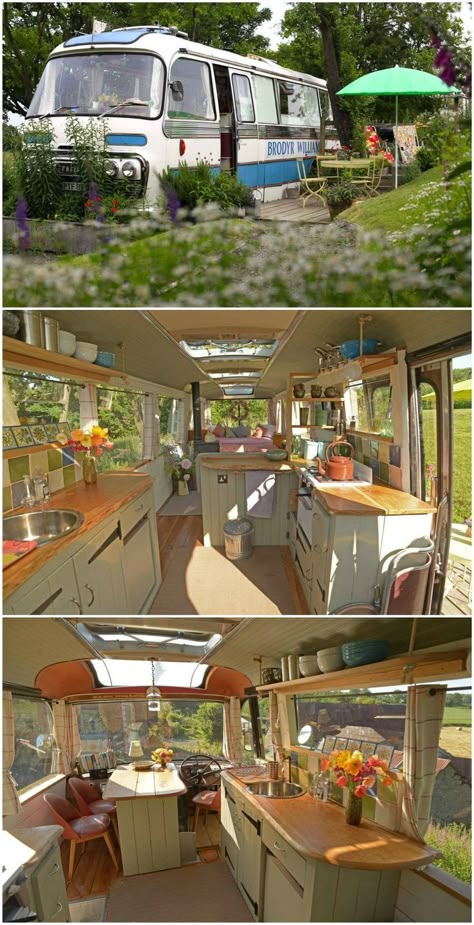 Majestic Bus converted to adorable living space #camper Converted Camper Trailer, Bus Kitchen, Van Renovation, Skoolie Ideas, School Bus House, Old School Bus, Bus Living, Airstream Renovation, Bus House