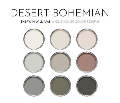 Desert Bohemian Sherwin Williams Paint Palette, Paint Colors for Home, Earth Tone Color Palette Whole House, Saltillo Tile Color Schemes, Western Bedroom Colors Paint, Trending Color Palettes Interior Design, Modern Desert Color Palette, Open Concept Paint Schemes, Earth Tone Paint Colors, Southwestern Color Palette, Boho Paint Colors