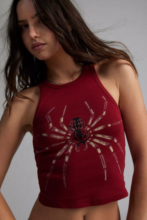 Gracie Spider Graphic Crop Tank Top | Urban Outfitters Really Cropped Top, Cool Crop Tops, Spider Clothes, Funky Tops, Funky Sweaters, Graphic Crop Tops, Spider Graphic, Closet Refresh, Bleaching Clothes